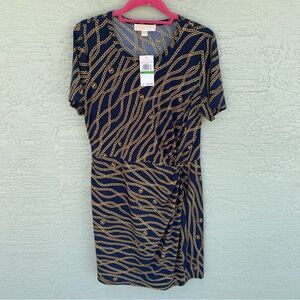 Michael Kors Women's L Blue Gold Chain Print Knee-Length Dress NWT Sz L